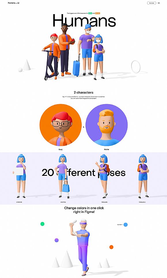 ONE-卡通人类3D角色包！Figma和Blender的最大3D角色集，有4种不同的服装，可以直接在Figma中轻松更改颜色。预览网站